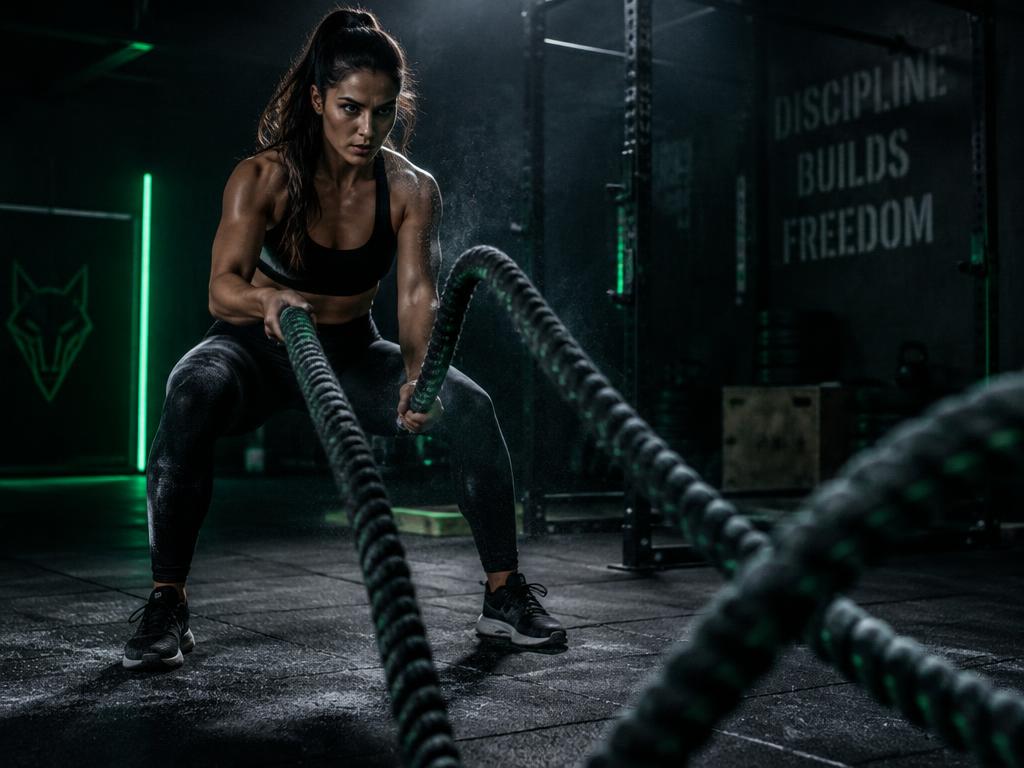 Woman training with battle ropes in a dark gym