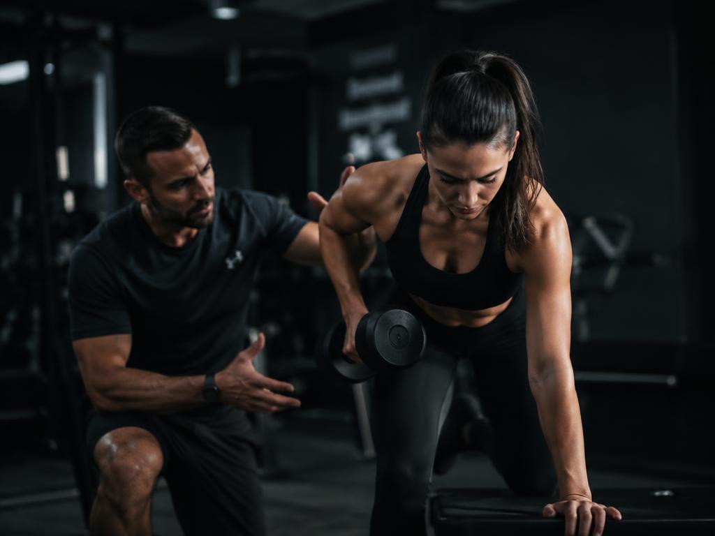 Personal trainer coaching a client through a dumbbell exercise in a dark gym